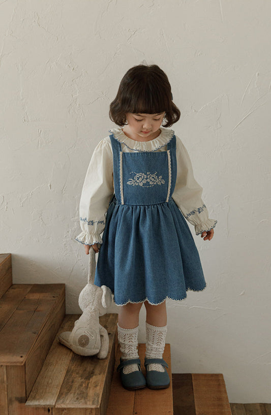 Isla Embroidered Denim Pinafore Dress, Classic Blue