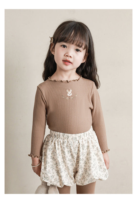 Baby Girl Bunny Embroidered Ribbed Top, Khaki Brown