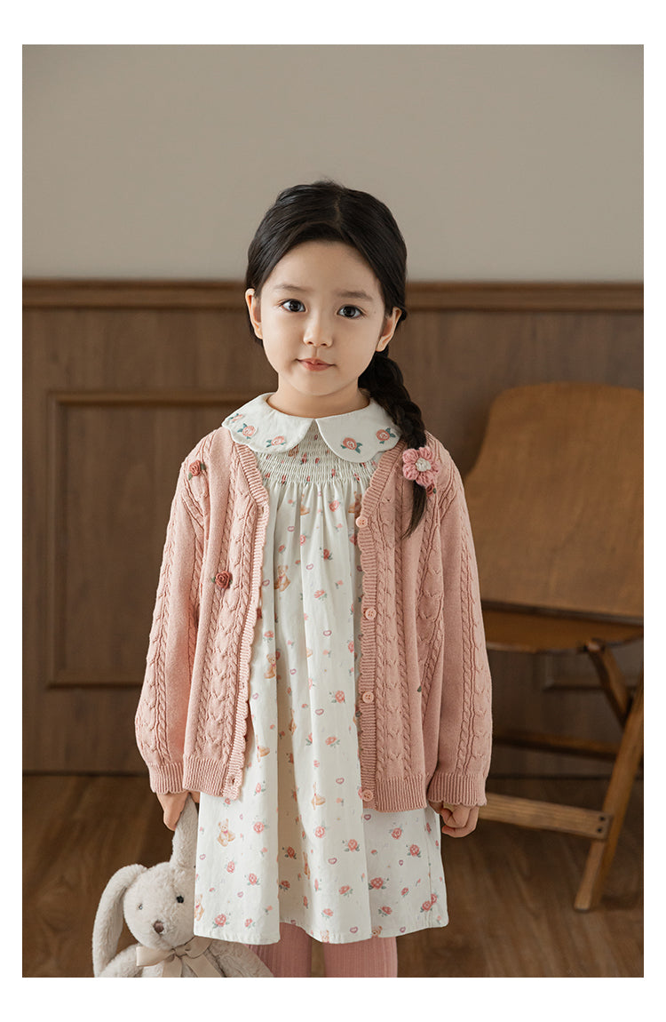 Baby Girl Floral Crochet Cable Knit Cardigan, Dusty Rose