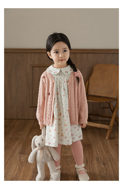 Baby Girl Floral Crochet Cable Knit Cardigan, Dusty Rose