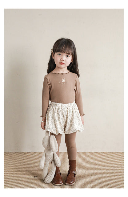 Baby Girl Bunny Embroidered Ribbed Top, Khaki Brown