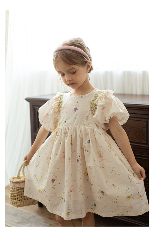 Close up of delidate floral print, gathered waist, and puffed sleeves