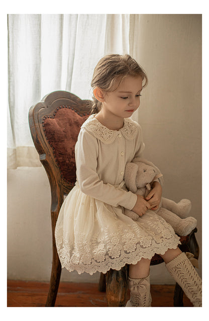 Girls Lace Collar Ribbed Button-Front Blouse, Ivory