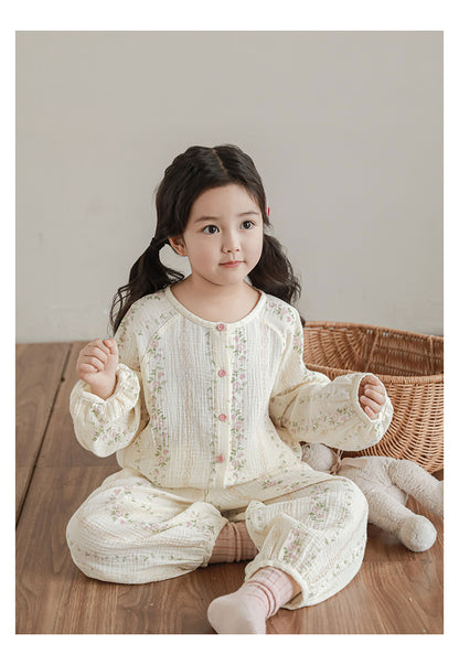 Girls Cotton Muslin Pyjama & Lounge Set, Striped Floral