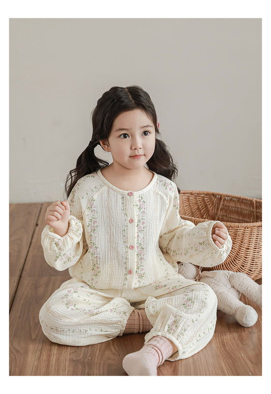 Girls Cotton Muslin Pyjama & Lounge Set, Striped Floral