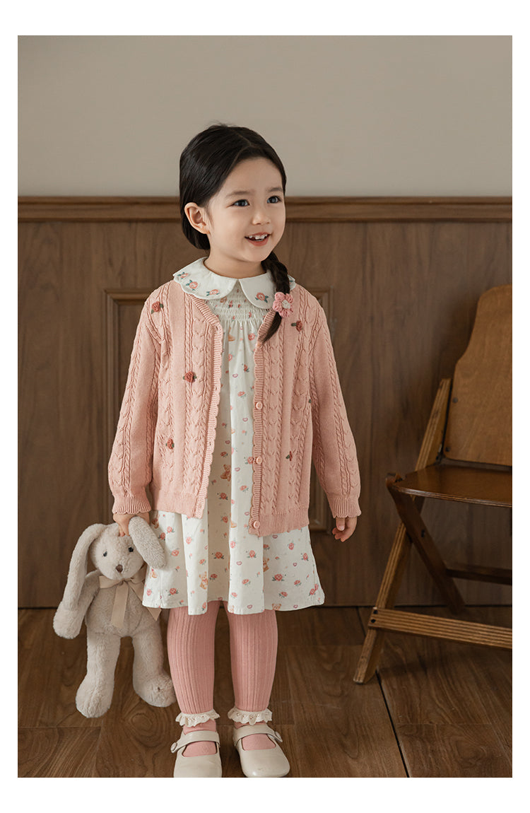 Baby Girl Floral Crochet Cable Knit Cardigan, Dusty Rose