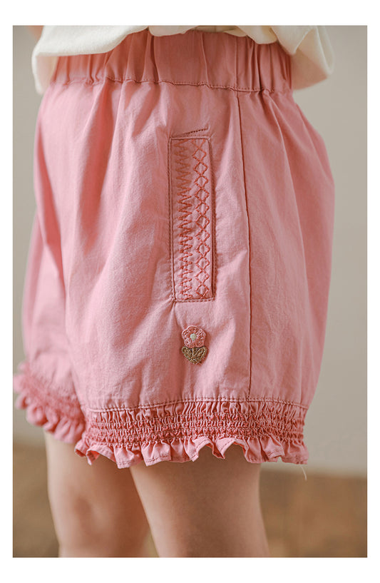 Girls Smocked Ruffle Shorts, Rose Pink
