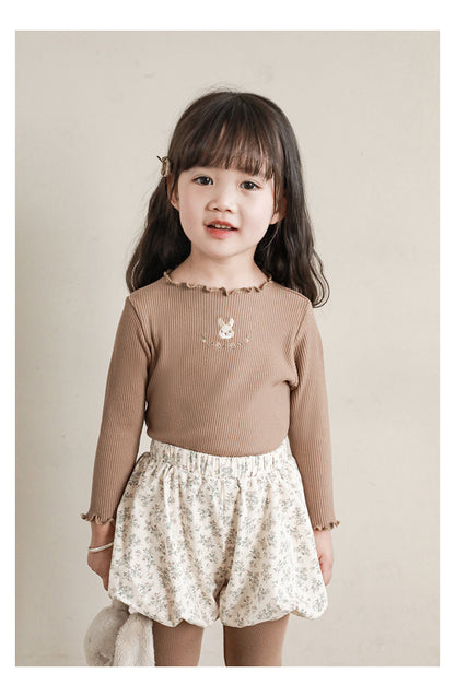Baby Girl Bunny Embroidered Ribbed Top, Khaki Brown