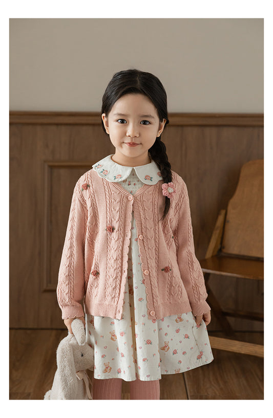 Baby Girl Floral Crochet Cable Knit Cardigan, Dusty Pink