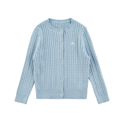 Girls Bow Embroidered Cable Knit Cardigan, Sky Blue