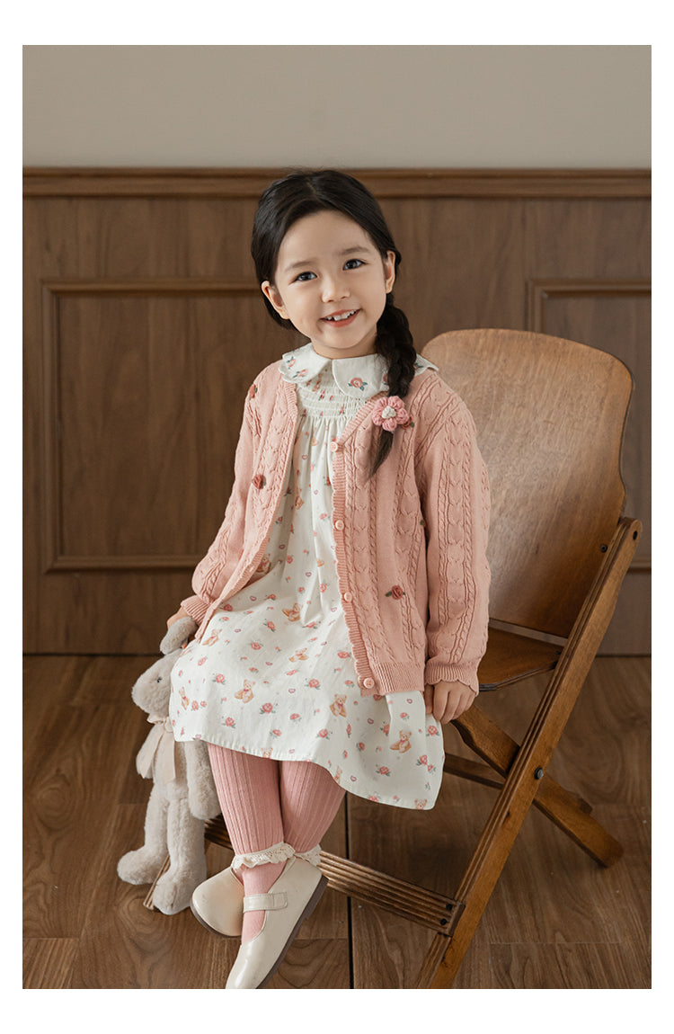 Baby Girl Floral Crochet Cable Knit Cardigan, Dusty Rose