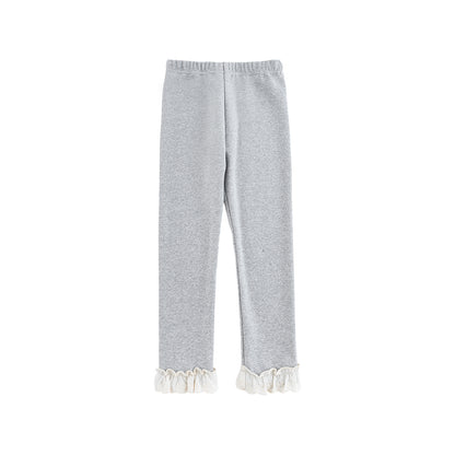 Girls Lace-Trim Cotton Leggings, Marl Grey