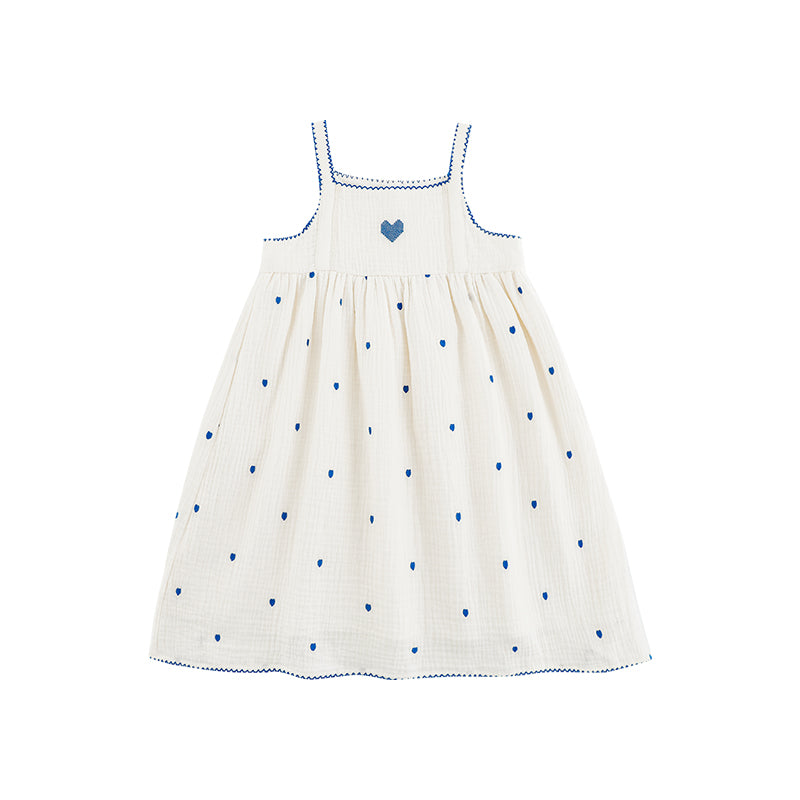 Baby Girl Muslin Strap Dress, Heart Embroidery