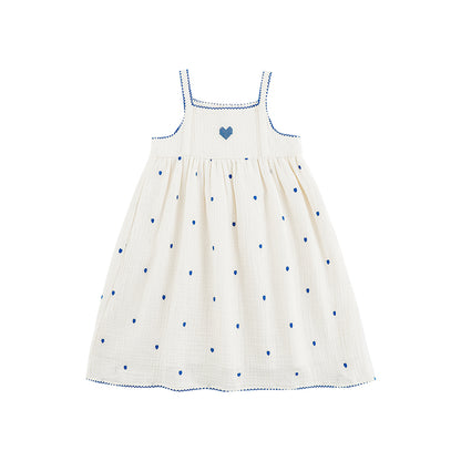 Baby Girl Muslin Strap Dress, Heart Embroidery