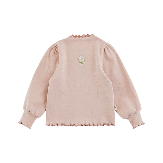 Girls long sleeve embroidered top with frilled collar, in light pink