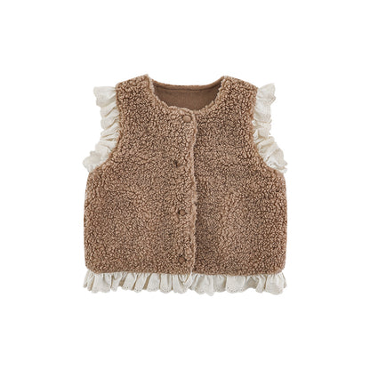 Girls Lace Trim Faux Shearling Teddy Vest, Latte