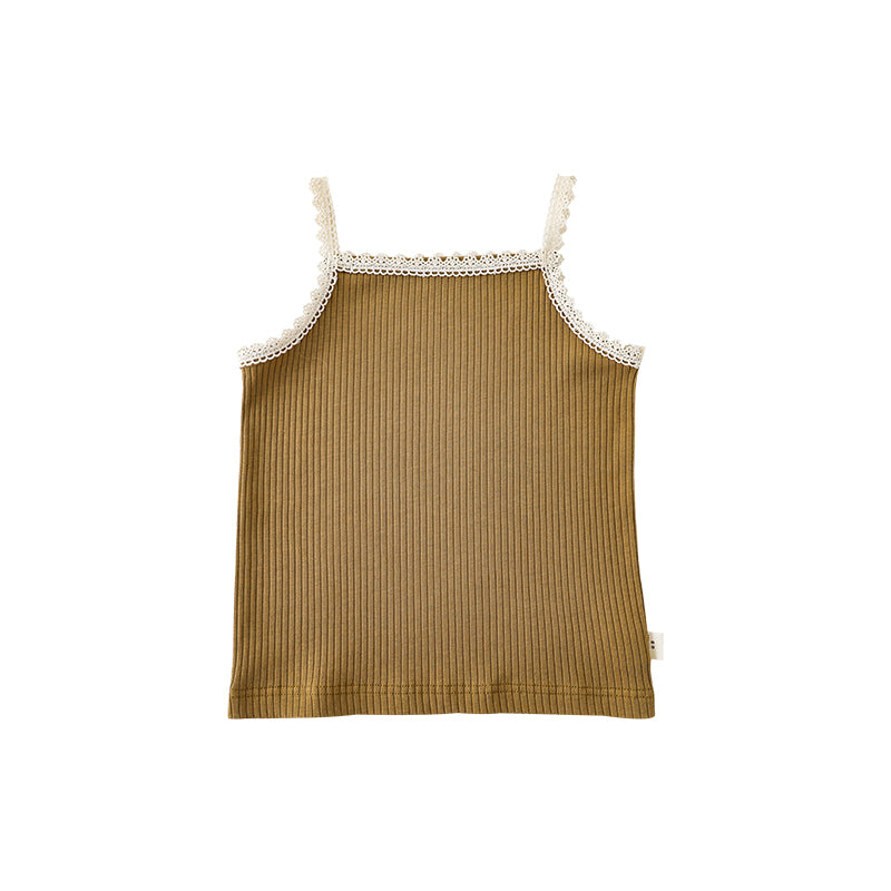 Girls ribbed lace strap top with delicate lace detailing, in Khaki