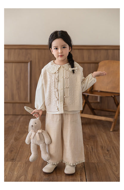 Girls Linen Blend Trousers with Ruffled Lace Hem, Oat