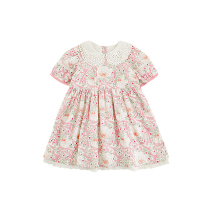 Girls Pink Floral Broderie Collar Puff-Sleeve Dress