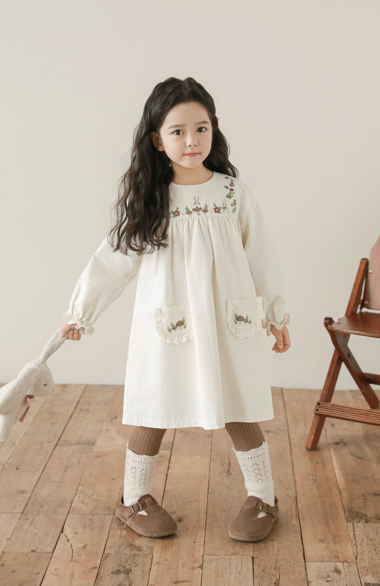 Girls Woodland Embroidered Dress, Ivory
