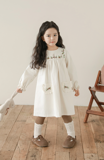 Girls Woodland Embroidered Dress, Ivory