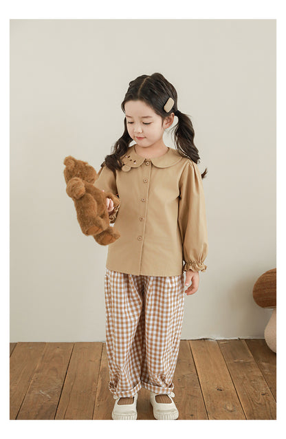Girls Cotton Barrel Tapered Trousers, Beige Gingham