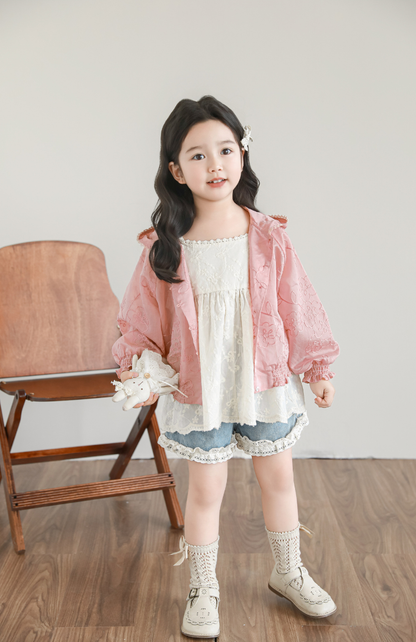 Girls Lyocell Floral Embroidered Jacket, Blush Pink