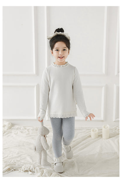 Girls Lace-Trim Cotton Leggings, Marl Grey