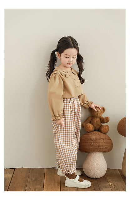 Girls Cotton Barrel Tapered Trousers, Beige Gingham