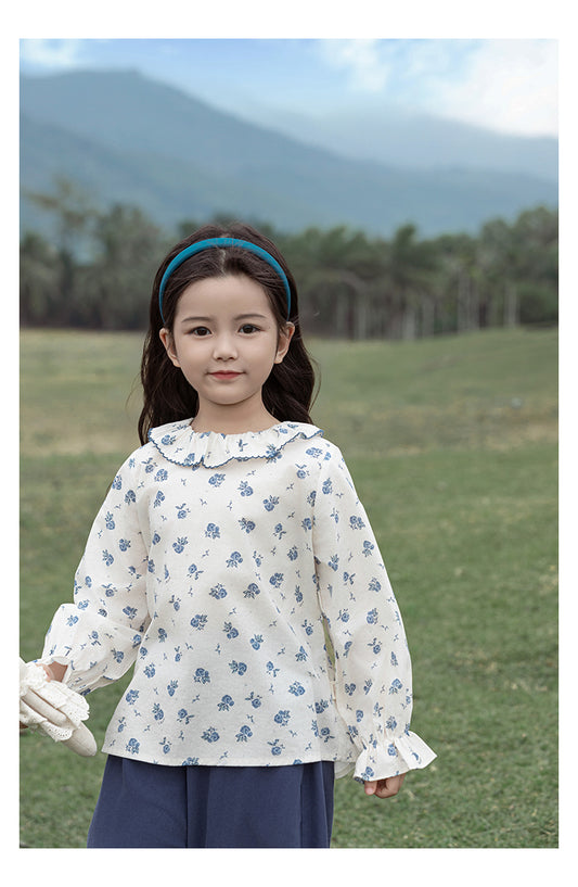 Girls Peter Pan Collar Blouse, Blue Floral