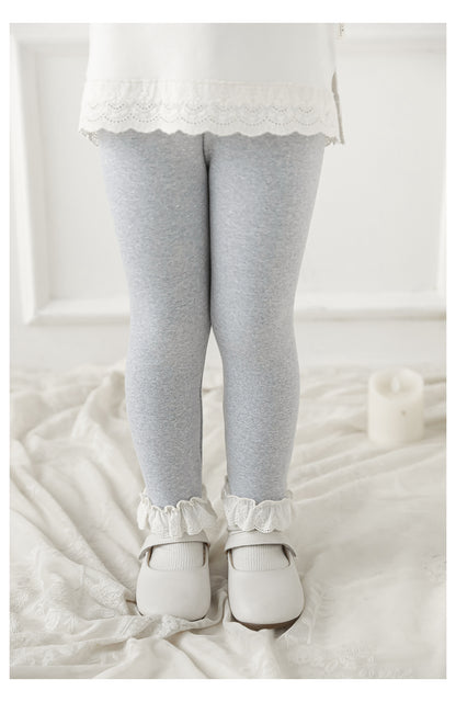 Girls Lace-Trim Cotton Leggings, Marl Grey