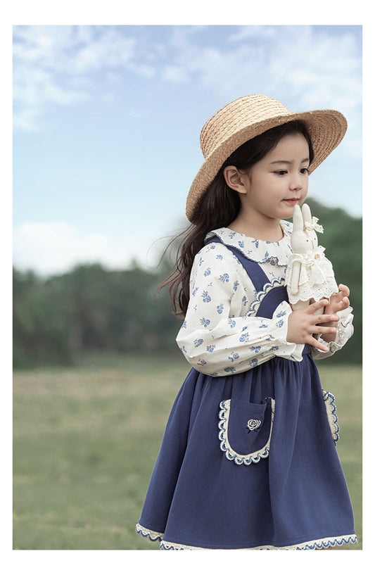 Blue floral long sleeve cotton top, girls summer lightweight top