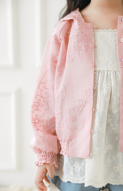 Girls Lyocell Floral Embroidered Jacket, Blush Pink