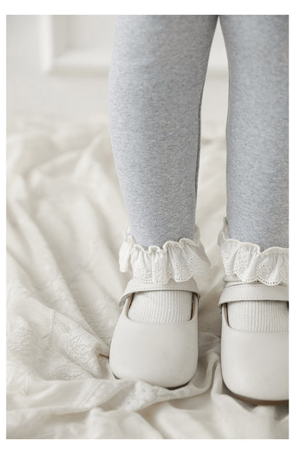 Girls Lace-Trim Cotton Leggings, Marl Grey