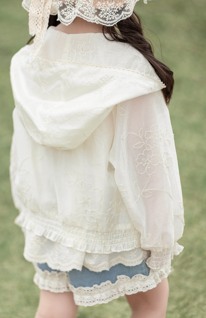 Girls Silky Floral Embroidered Jacket, Ivory