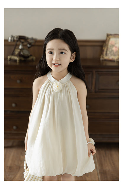 Baby Girl Bubble Hem Halter Neck Lyocell Dress, Buttercream