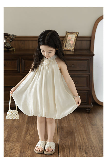 Baby Girl Bubble Hem Halter Neck Lyocell Dress, Buttercream