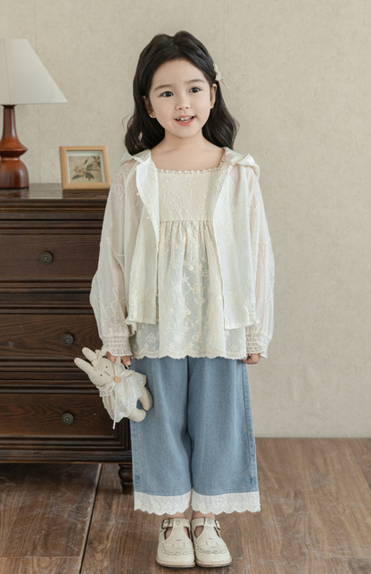 Girls Silky Floral Embroidered Jacket, Ivory