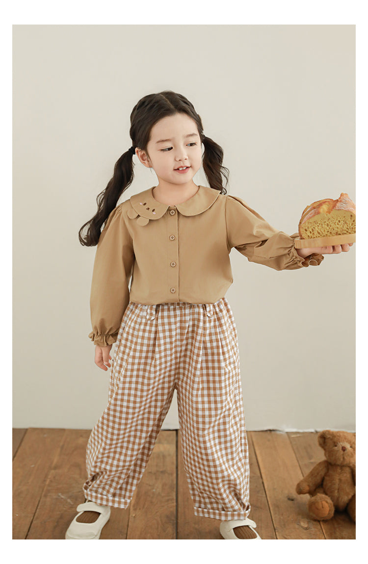Girls Cotton Barrel Tapered Trousers, Beige Gingham