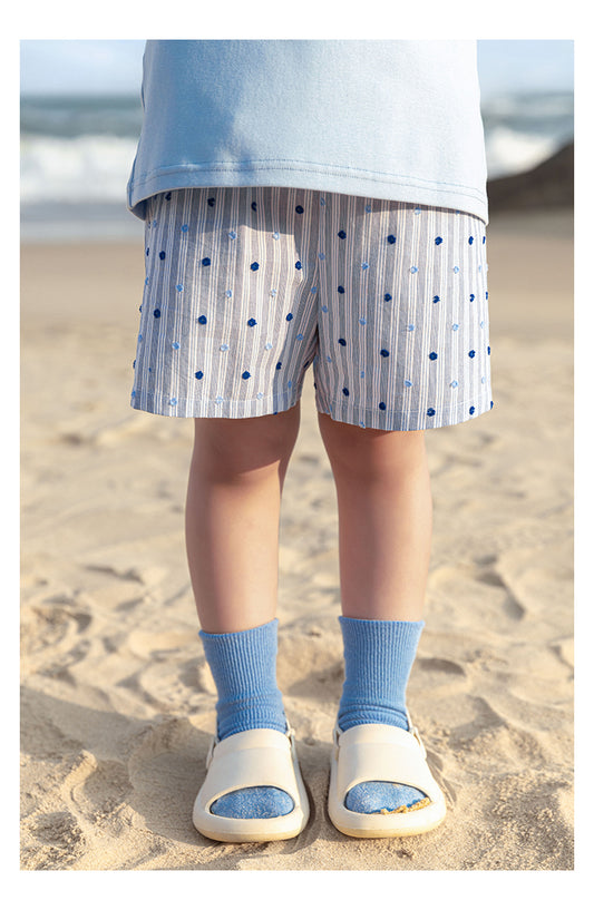 Kids summer shorts in soft blue cotton – striped and dotted design by Ava & Bear London
