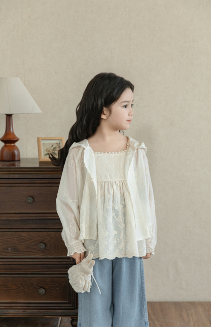 Girls Silky Floral Embroidered Jacket, Ivory