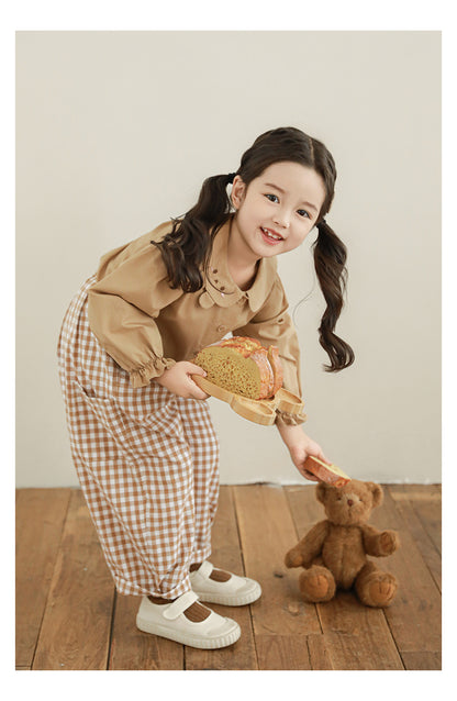 Girls Cotton Barrel Tapered Trousers, Beige Gingham