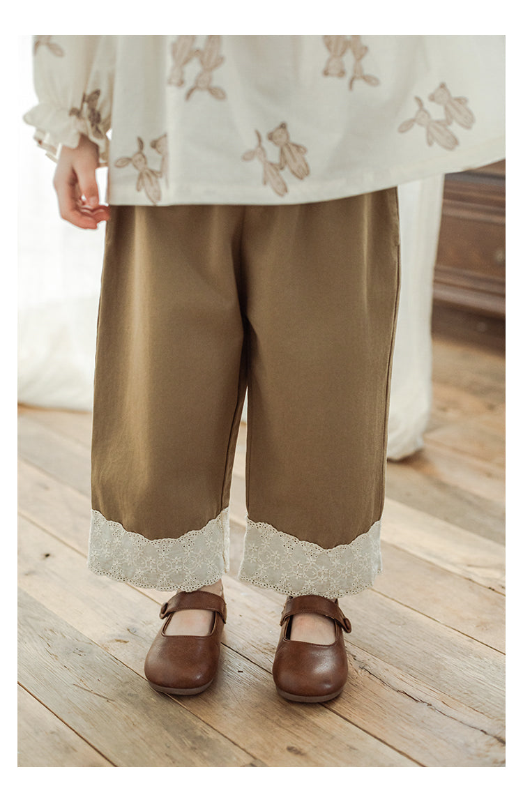 Girls Straight-Leg Lace Hem Trousers, Warm Beige
