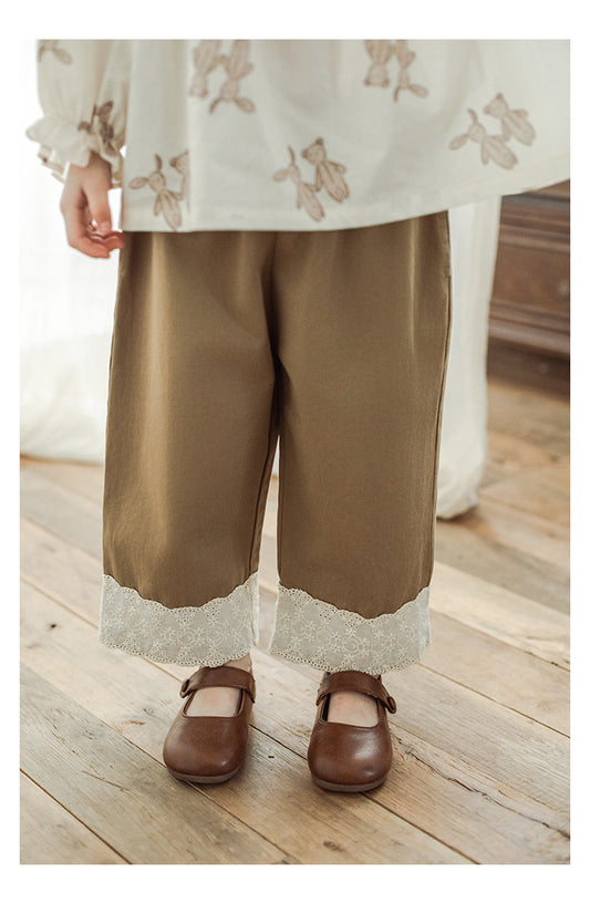 Girls Straight-Leg Lace Hem Trousers, Warm Beige