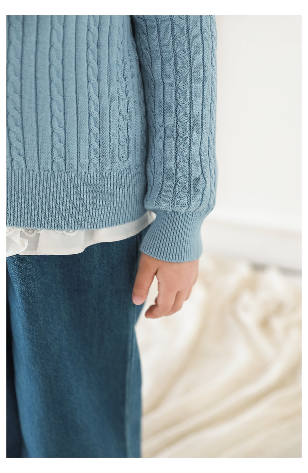 Girls Bow Embroidered Cable Knit Cardigan, Sky Blue