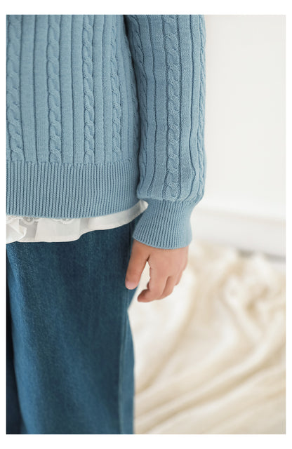 Girls Bow Embroidered Cable Knit Cardigan, Sky Blue