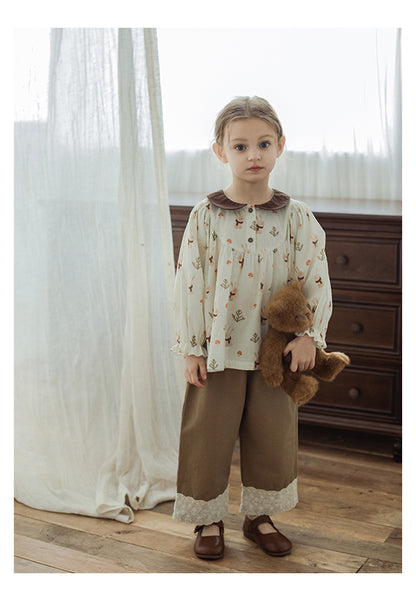 Girls Straight-Leg Lace Hem Trousers, Warm Beige