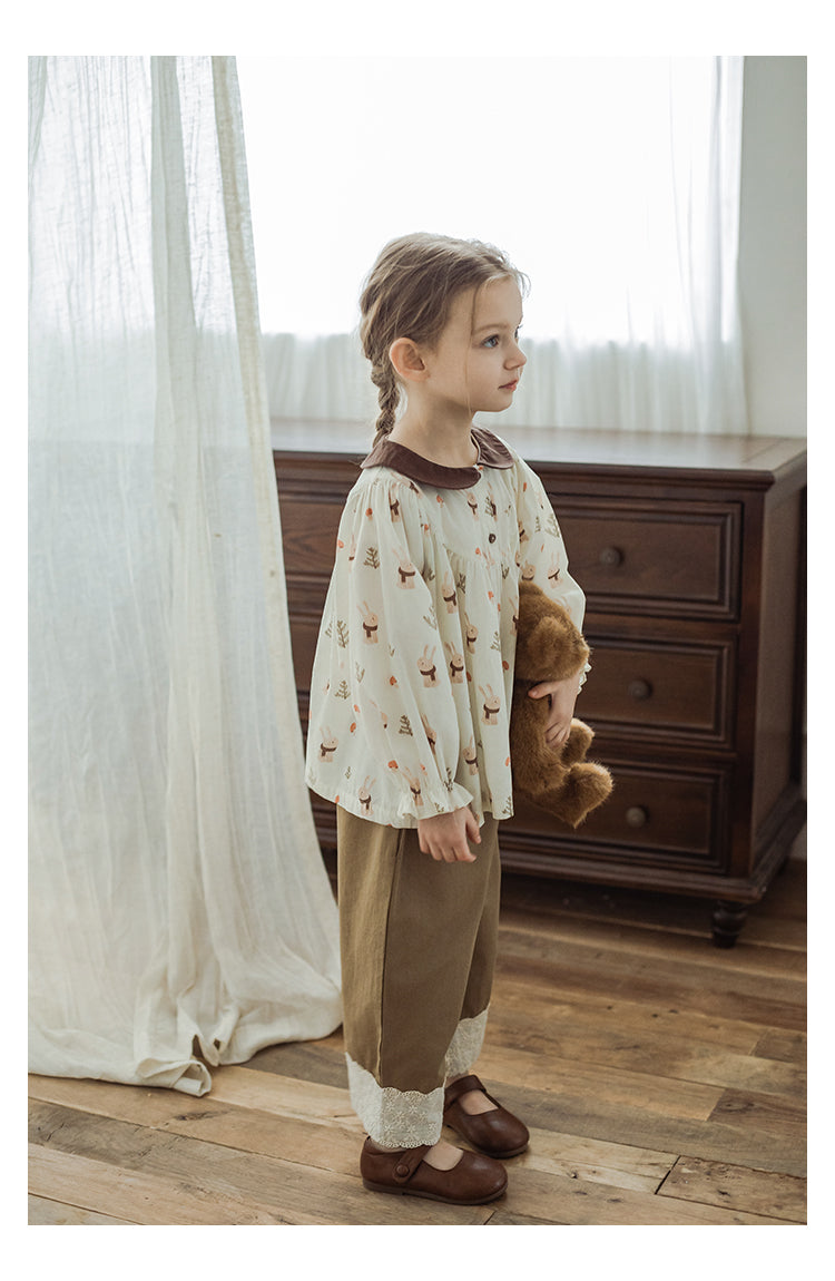 Girls Straight-Leg Lace Hem Trousers, Warm Beige