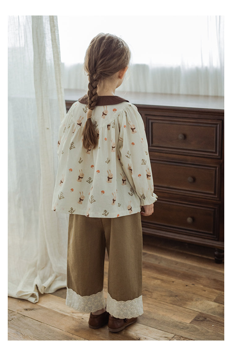 Girls Straight-Leg Lace Hem Trousers, Warm Beige