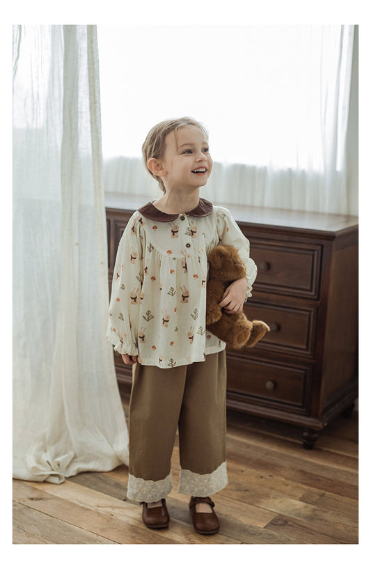 Girls Straight-Leg Lace Hem Trousers, Warm Beige